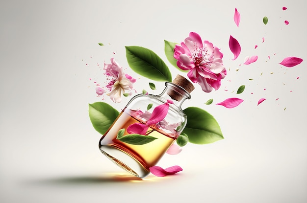 Flying perfume bottle with flowers flying around on white background