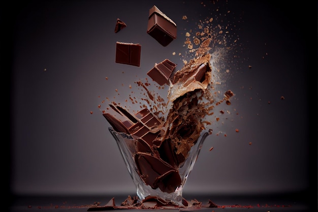 Flying pieces of Crushed chocolate pieces with liquide chocolate Valentine's Day ai generated art