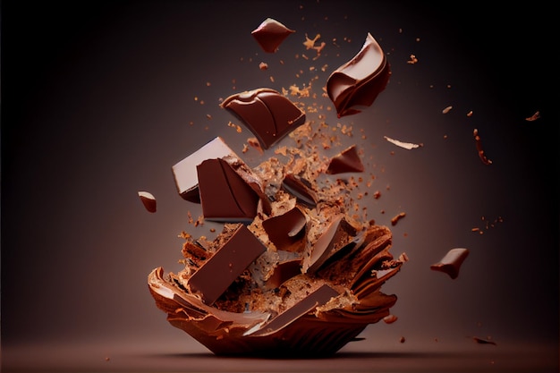 Flying pieces of Crushed chocolate pieces with liquide chocolate Valentine's Day ai generated art