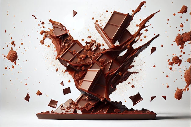 Flying pieces of Crushed chocolate pieces with liquide chocolate Valentine's Day ai generated art