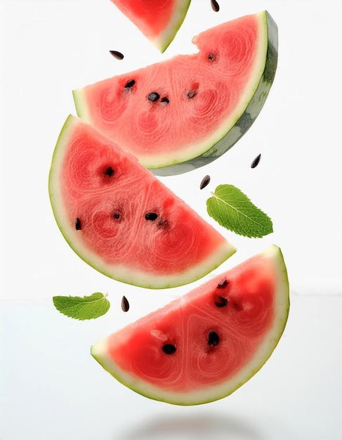 Flying pieces of fresh watermelon with mint and seeds isolated on white background