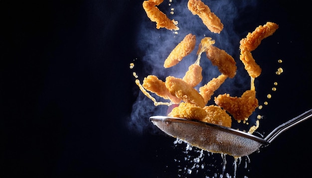 Photo flying pieces of fried chicken pieces concept of levitating food ai generated