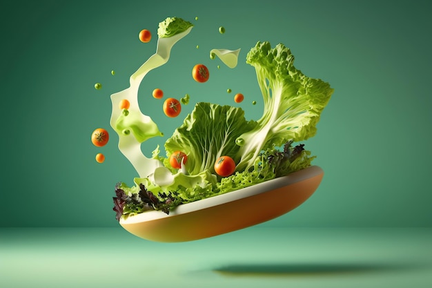 Flying pieces of salad over bowl Levitation