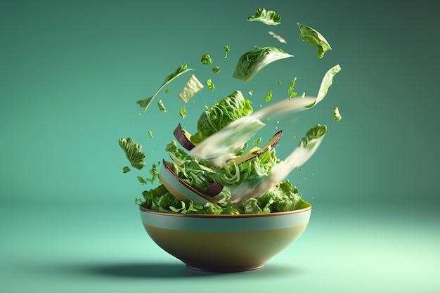 Flying pieces of salad over bowl Levitation