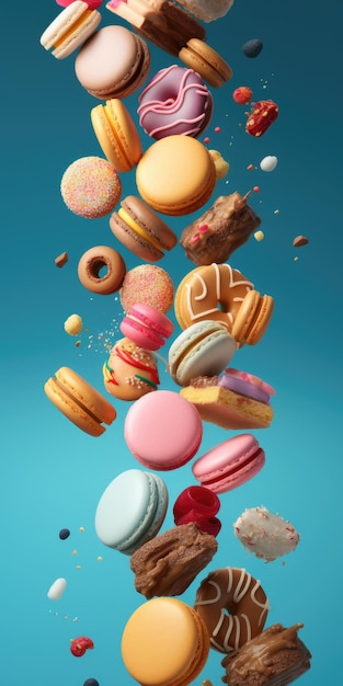 Flying Pileup of Donuts Macarons and Cupcakes on Colorful Background