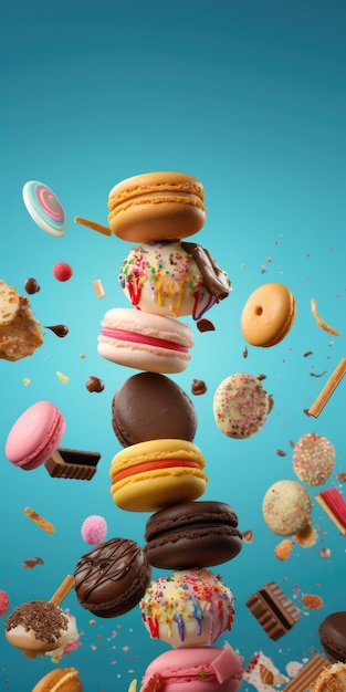 Flying Pileup of Donuts Macarons and Cupcakes on Colorful Background