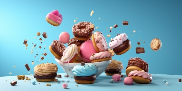 Flying Pileup of Donuts Macarons and Cupcakes on Colorful Background