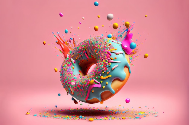 Flying pink donut decorated with colorful sprinkles Generative Ai