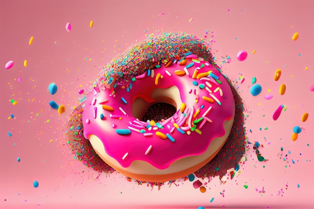 Flying pink donut decorated with colorful sprinkles Generative Ai