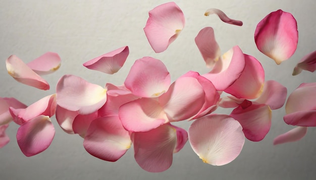 Flying pink rose petals isolated on white background