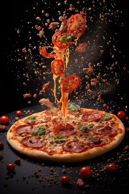 Flying pizza ingredients on a black background