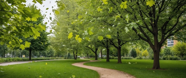 Photo flying poplar fluff dances in a serene summer city park enhancing natures beauty