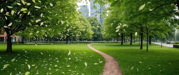 Photo flying poplar fluff dances in a serene summer city park enhancing natures beauty