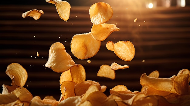 flying potato chips plate and wooden table on dark background