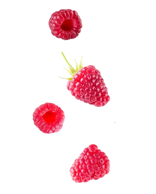 Flying raspberries isolated on white background.