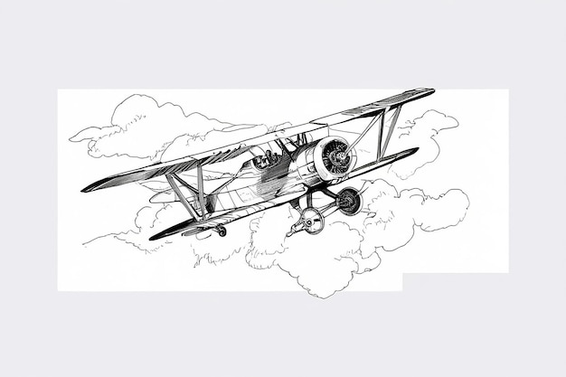 Photo flying retro biplane ink black and white drawing