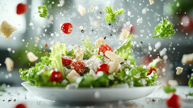 A flying salad bowl with vegetables and feta cheese on a white background in the vector style stock