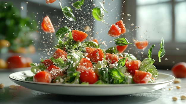 A flying salad bowl with vegetables and feta cheese on a white background in the vector style stock