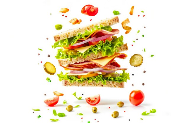 Photo a flying sandwich with layers of fresh lettuce tomato cheese and ham isolated on a white background