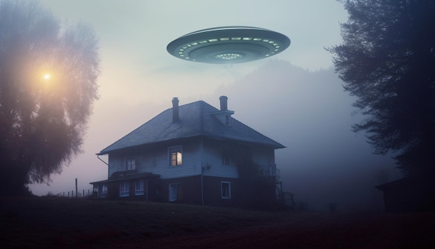 Flying saucer aliens in the sky over the house at night generated by AI