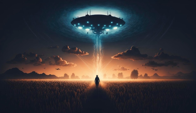 Flying saucer flies at night in sky over silhouette of man standing in field Invasion of extraterrestrial intelligence on an intergalactic ship Alien abduction Created with Generative AI