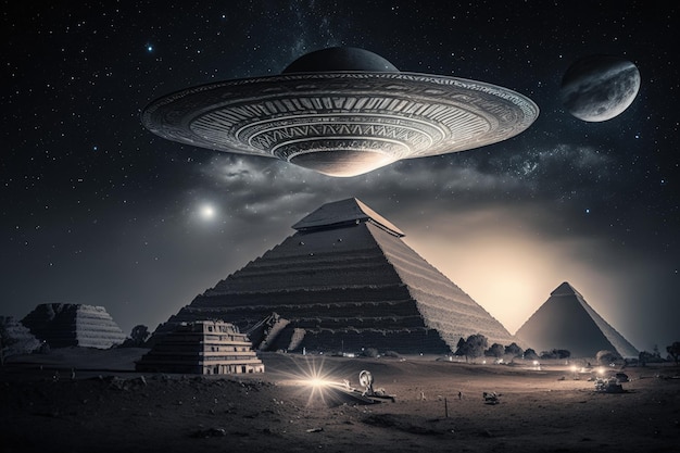 Flying saucer flying over pyramids of the alien ship in the desert illustration AI