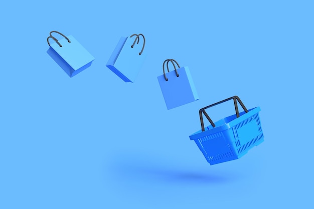 Flying shopping basket with shopping bags on a blue background Minimalist concept 3D render