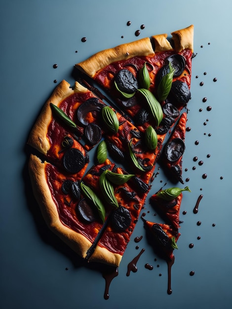 Flying slices of tasty pizzas on white background