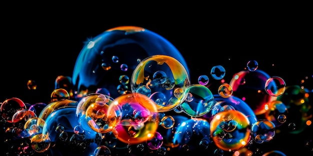 Flying soap bubbles isolated on black background ai generated