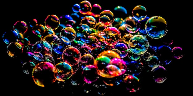 Flying soap bubbles isolated on black background Ai generated