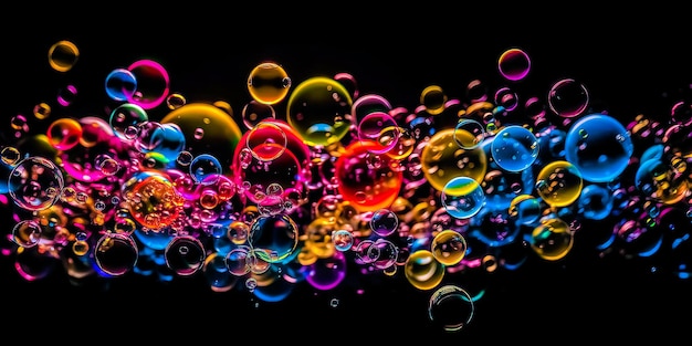 Flying soap bubbles isolated on black background Ai generated