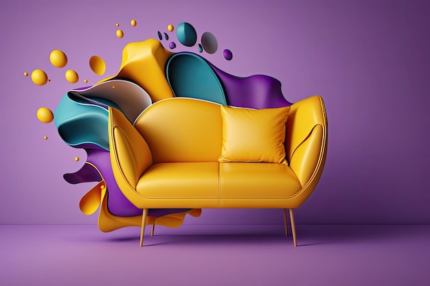 Flying soft leather sofa with shadow on colorful background Modern sofa legs are leather