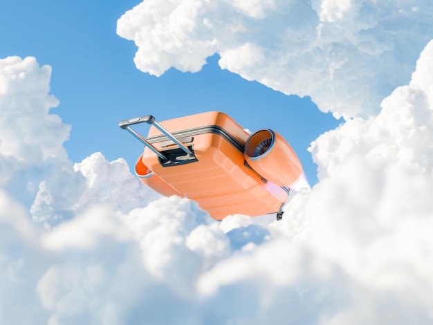 Photo flying suitcase with jet engine amongst clouds