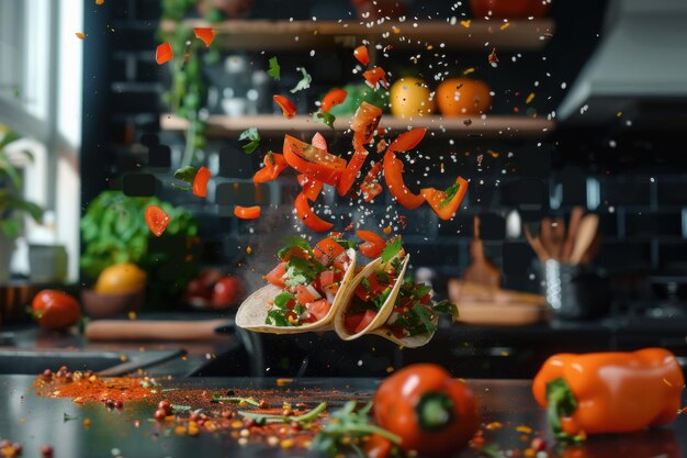 Photo flying tacos with fresh ingredients a dynamic and vibrant food photography masterpiece