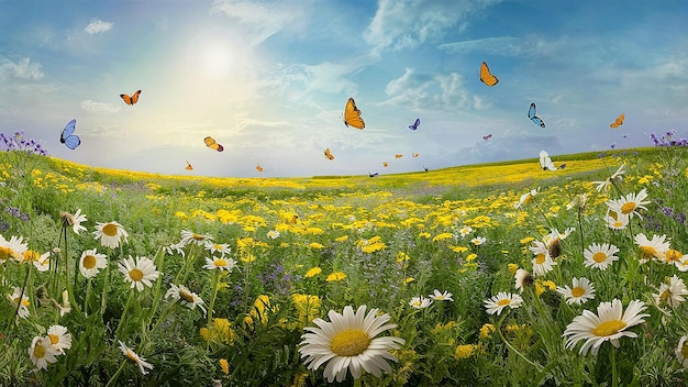 flying over them and a blue sky background with a few white pink and yellow flowers