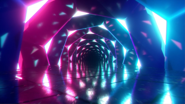 Flying through a luminous neon corridor of swirling hexagons