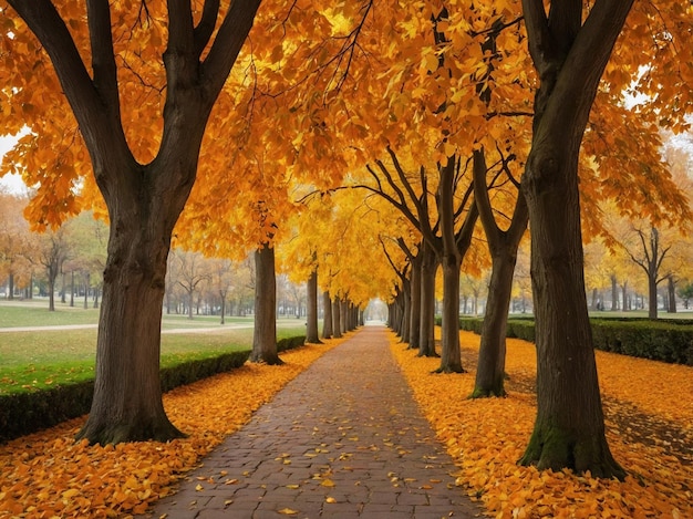 Flying through orange autumn tree alley in the park