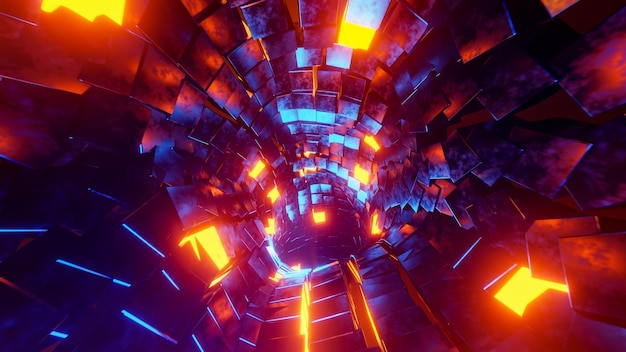 Flying through a tunnel of blue and orange metal cubes 3D rendering illustration