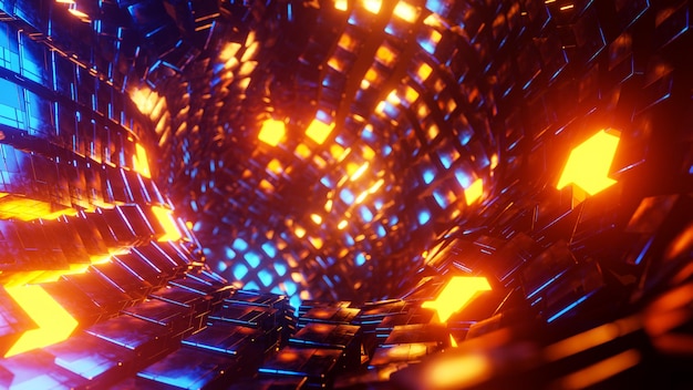 Flying through a tunnel of blue and orange metal cubes 3D rendering illustration