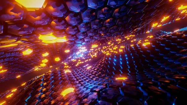 Flying through a tunnel with waves and neon light 3D rendering illustration