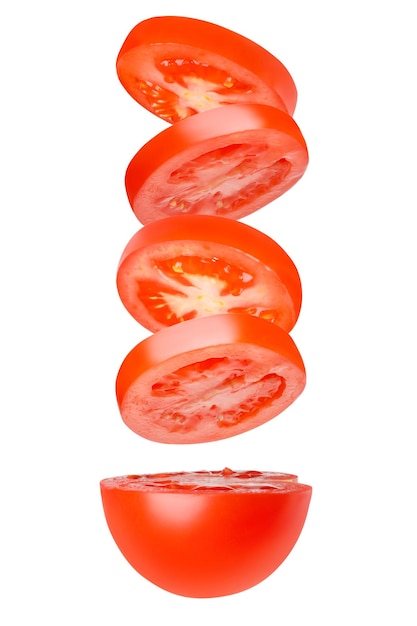 Flying tomatoes cut into circles Tomatoes tomatoes cut fresh tomatoes Isolated vertically Part of the tomato from below