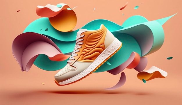 Flying trendy sneakers on creative colorful background Stylish fashionable minimalism concept Levitation shoes Generate Ai