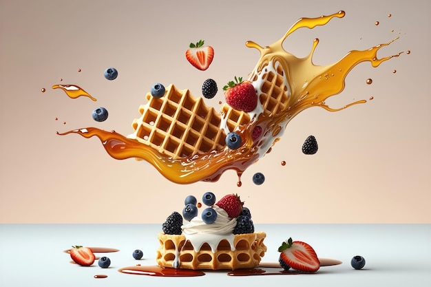 Flying waffles and butter getting dripped with maple syrup and berries over a pastel backgroun AI generation