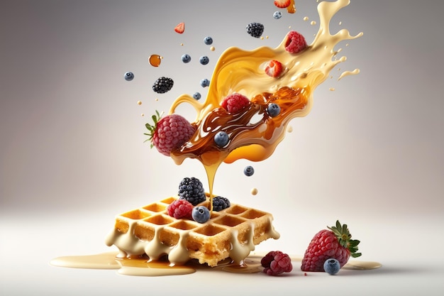 Flying waffles and butter getting dripped with maple syrup and berries over a pastel backgroun AI generation