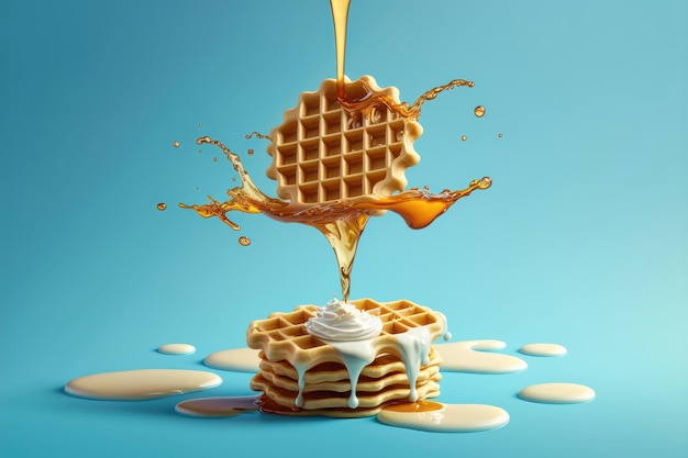 Flying waffles and butter getting dripped with maple syrup over a light blue background AI generated