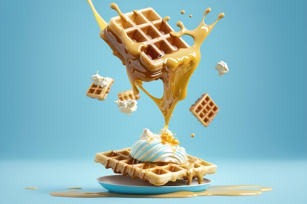 Flying waffles and butter getting dripped with maple syrup over a light blue background AI generated