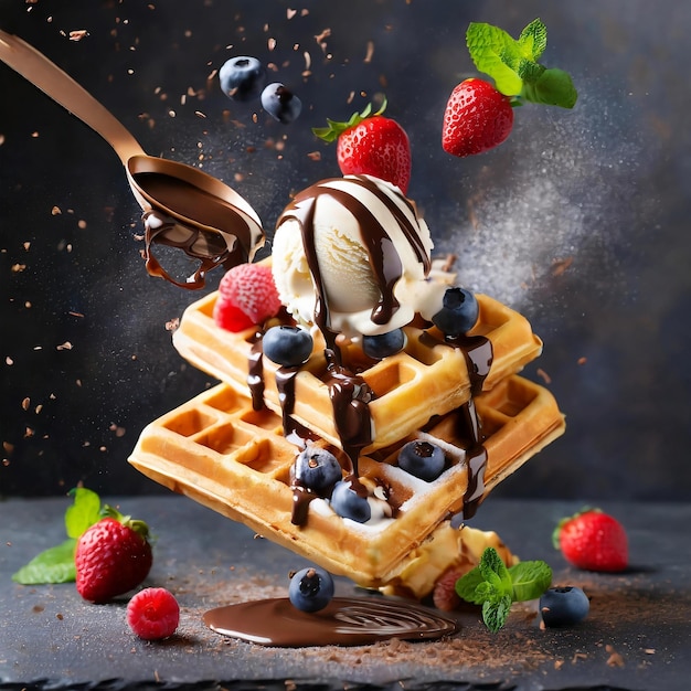 Photo flying waffles with chocolate sauce and ice cream and fresh berry on dark background