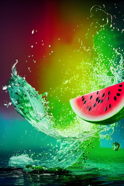 Flying a Watermelon slices with water splashing generative ai