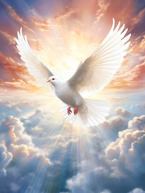 Flying white dove on a background of sky with clouds and sun rays