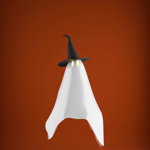 Flying white ghost with witch hat flying on orange background Halloween 3d rendering